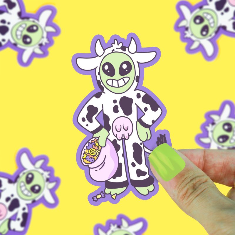 Alien Cow Costume Halloween Buddies Vinyl Sticker for Waterbottle Trick Or Treat Cute Decal for Kids by Turtles Soup UFO