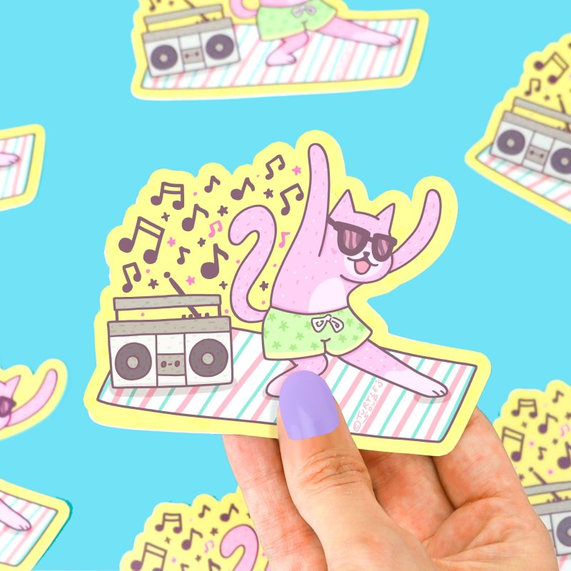 Beach Buddy Cat Jamming Out Boppin Music Boombox Sticker Cute Waterbottle Cooler Sticker Funny Art by Turtles Soup