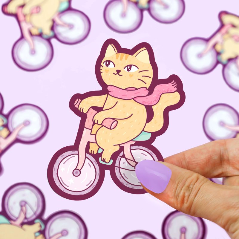 Bicycle Kitty Cat Vinyl Sticker Cute Sticker Art by Turtles Soup Cat On Bike Drawing Funny Animal Decal for Waterbottle Laptop Car Journal Athletic Animal