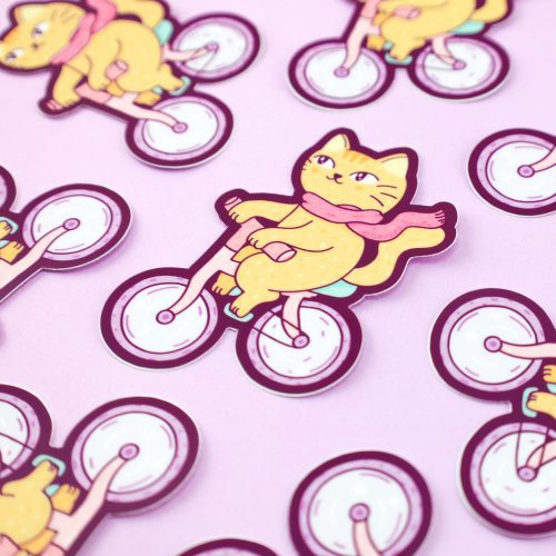 Bicycle Kitty Cat Vinyl Sticker Cute Sticker Art by Turtles Soup Cat On Bike Drawing Funny Animal Decal for Waterbottle Laptop Car Journal Athletic Animal Biking