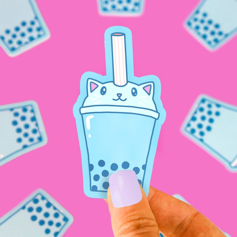 Boba Kitty Cat Vinyl Sticker for Cup Waterbottle Laptop Phone Tapioca Balls Cute Blue Berry Kitty Flavor Decal by Turtles Soup Bubble Tea