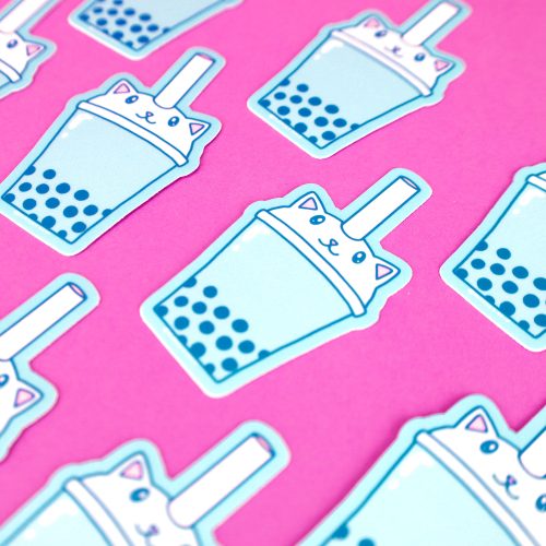 Boba Kitty Cat Vinyl Sticker for Cup Waterbottle Laptop Phone Tapioca Balls Cute Blue Berry Kitty Flavor Decal by Turtles Soup Bubble Tea Funny