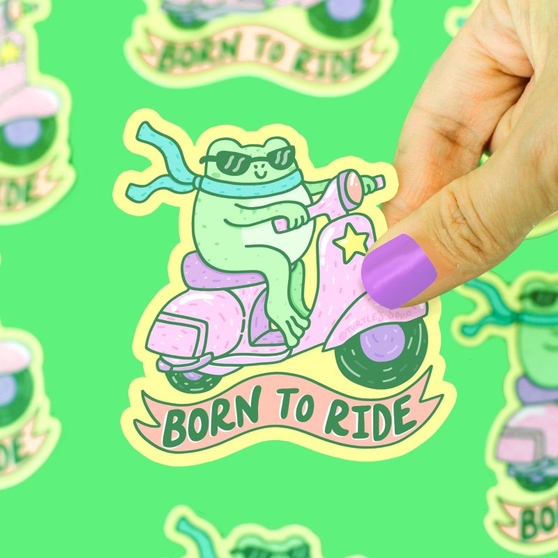 Born To Ride Funny Frog Vinyl Decal Sticker for Water Bottle Cute Art Sticker Waterproof Turtles Soup Cute Drawing Froggie Vespa