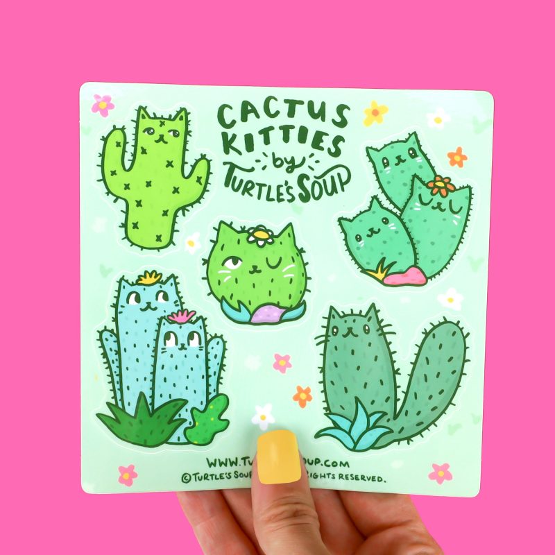 Cactus Kitties Sticker Sheet Cute Cacti Cats Adorable Sticker Sheet Waterproof Weather Resistant High Quality Vinyl Stickers by Turtles Soup Cute Cactus Cat Art Sagurao