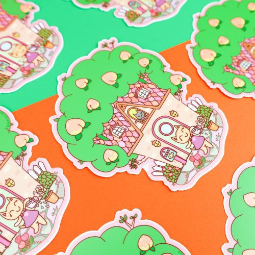 Cat Tree House Animal Garden Home Cute Peach Tree Vinyl Sticker for Waterbottle Car Waterproof Weather Resistant Turtles Soup Turtle TurtlesSoup Adorbs