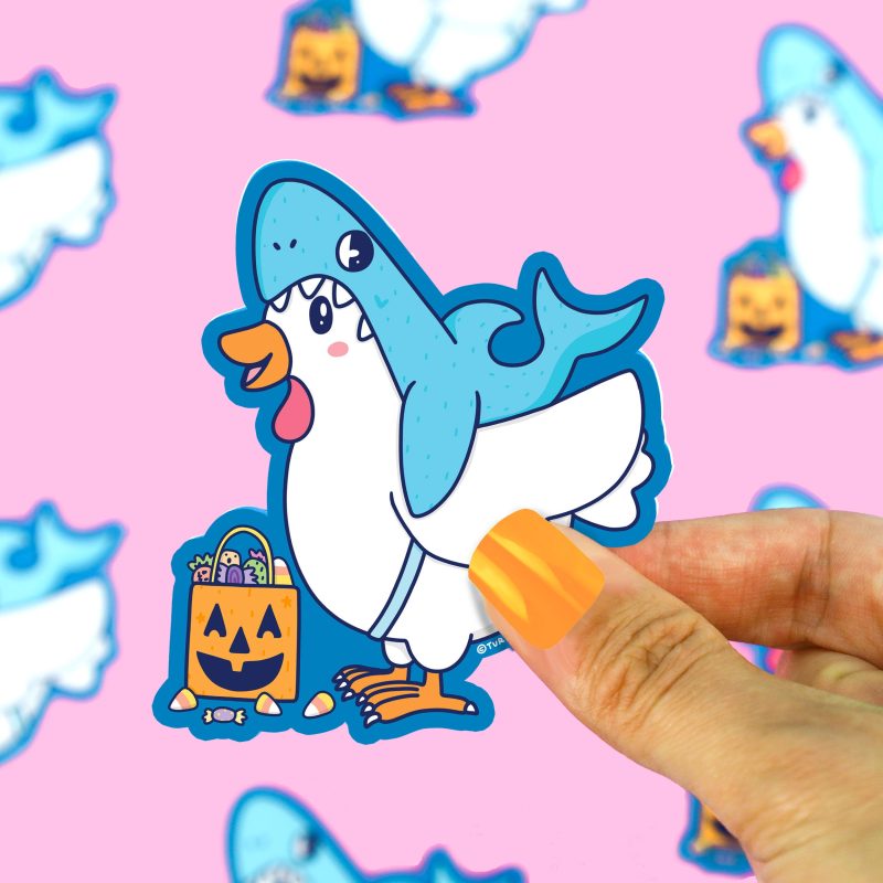 Chicken Shark Halloween Buddies Costume Funny Sticker by Turtles Soup Trick or Treater Pumpkin Cute Sticker Art Chicken