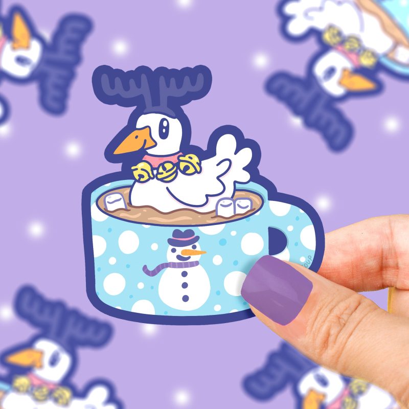 Christmas Duck Coffee Cup Pond Christmas Buddy Vinyl Sticker Cute by Turtles Soup