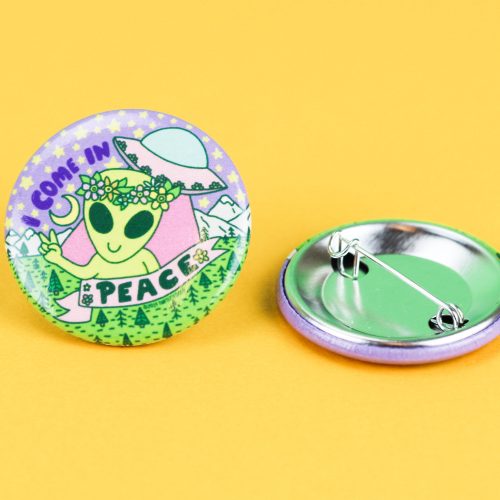 Come In Peace Alien Abduction Turtles Soup Pinback Button Badge