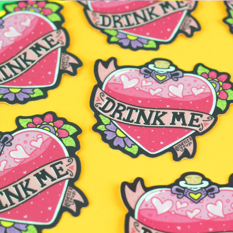 Drink Me Potion Bottle Glitter Sticker Turtles Soup Floral Flask Vinyl Decal Love