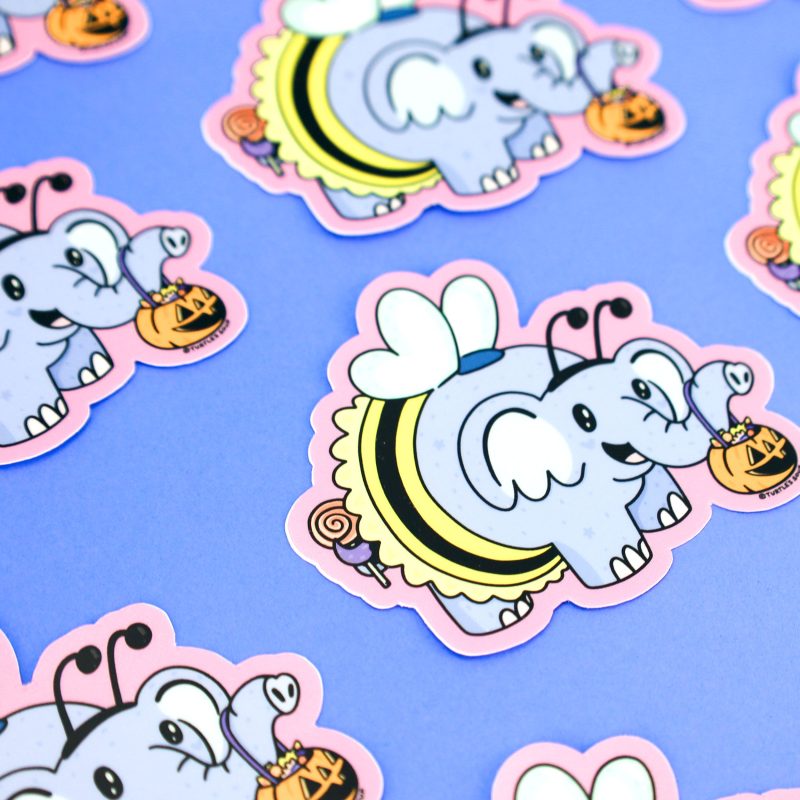 Elephant Bee Costume Halloween Vinyl Sticker Trick or Treater Halloween Buddies Cute Turtles Soup Decal for Water Bottle Laptop Jack O Lantern Art