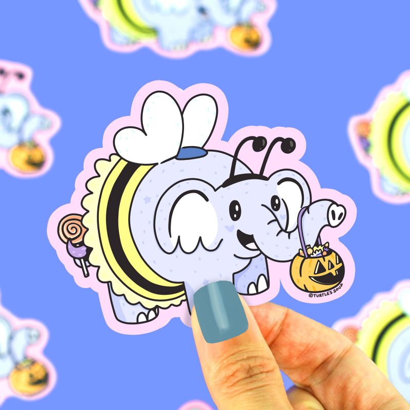 Elephant Bee Costume Halloween Vinyl Sticker Trick or Treater Halloween Buddies Cute Turtles Soup Decal for Water Bottle Laptop Jack O Lantern Art Funny