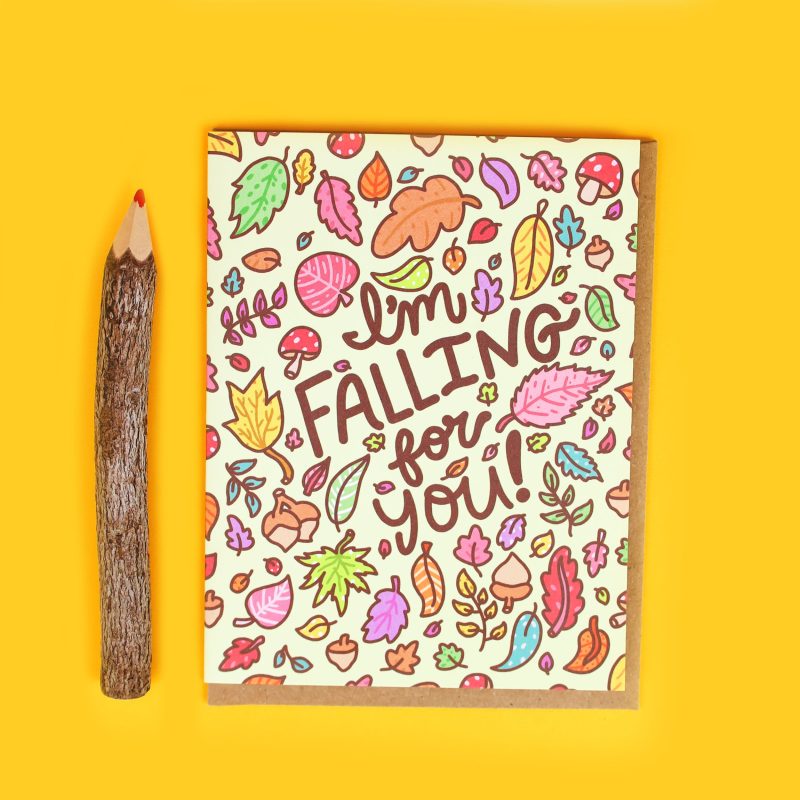 Falling For You Leaves Halloween Love Card Romantic Cute Card for Girlfriend Adorable TurtlesSoup Stationery