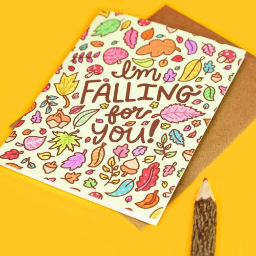 Falling For You Leaves Halloween Love Card Romantic Cute Card for Girlfriend Adorable TurtlesSoup Stationery Lovejpg