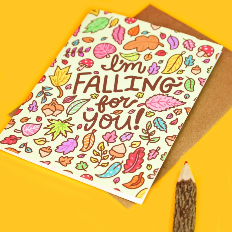 Falling For You Leaves Halloween Love Card Romantic Cute Card for Girlfriend Adorable TurtlesSoup Stationery Lovejpg