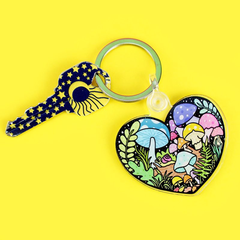 Forest Heart Keychain Acrylic Turtles Soup Mushrooms