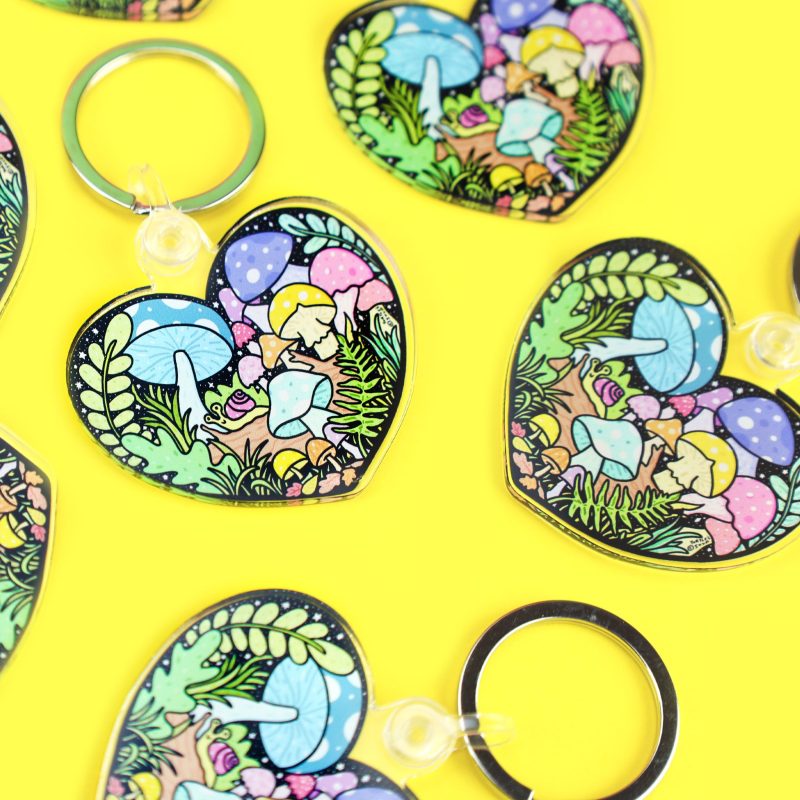 Forest Heart Keychain Acrylic Turtles Soup Mushrooms Plants