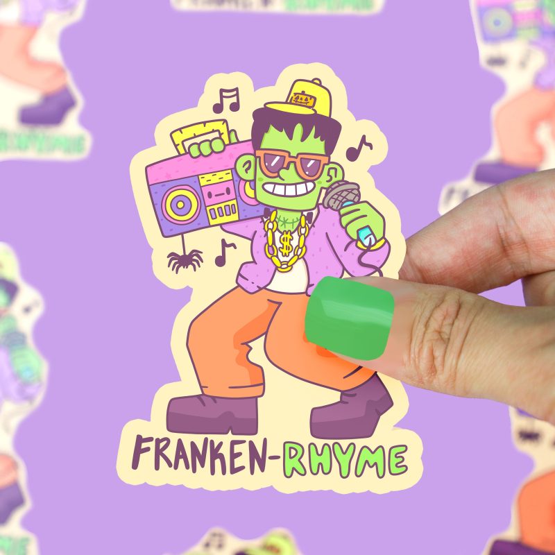 Frankenstein Franken Rhyme Funny Music Pun Hip Hop Halloween Vinyl Sticker For Waterbottle Laptop Rap by Turtles Soup Beat