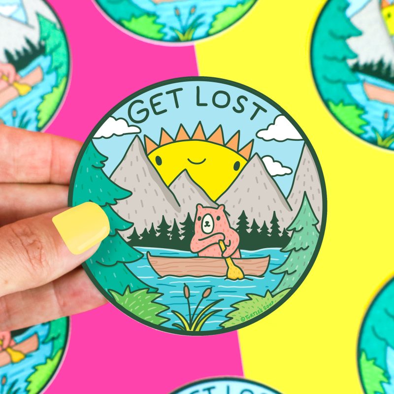 Get Lost Outdoorsy Bear Lake Outdoors Hiking Adventure Badge Water Bottle Sticker Turtles Soup Cute Woods Forest