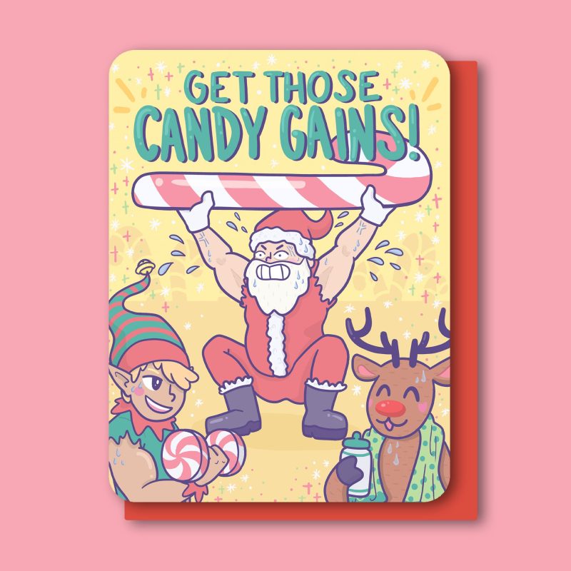 Get Those Candy Gains Holiday Christmas Card Cute Santa Candy Cane Card Funny Humor