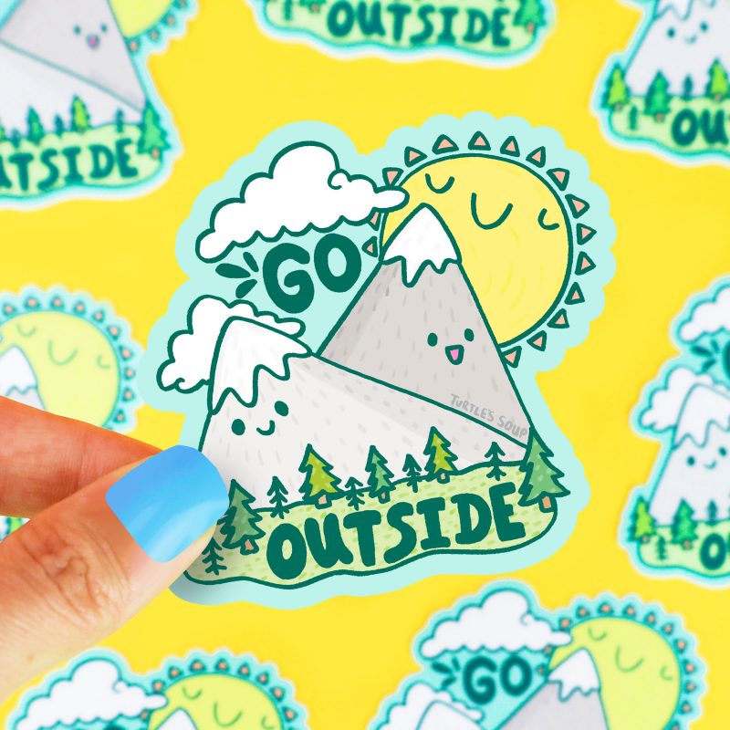 Go Outside Cute Mountains Sunny Hiking Sticker for Water Bottle Decal Cooler Ice Box Funny Art Turtles Soup Stickers kids