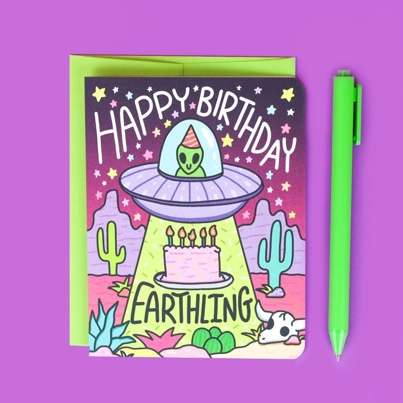 Happy Birthday Earthling Alien Abduction UFO Birthday Card Desert Southwestern Cactus Extraterrestrial Turtles Soup Bday Card