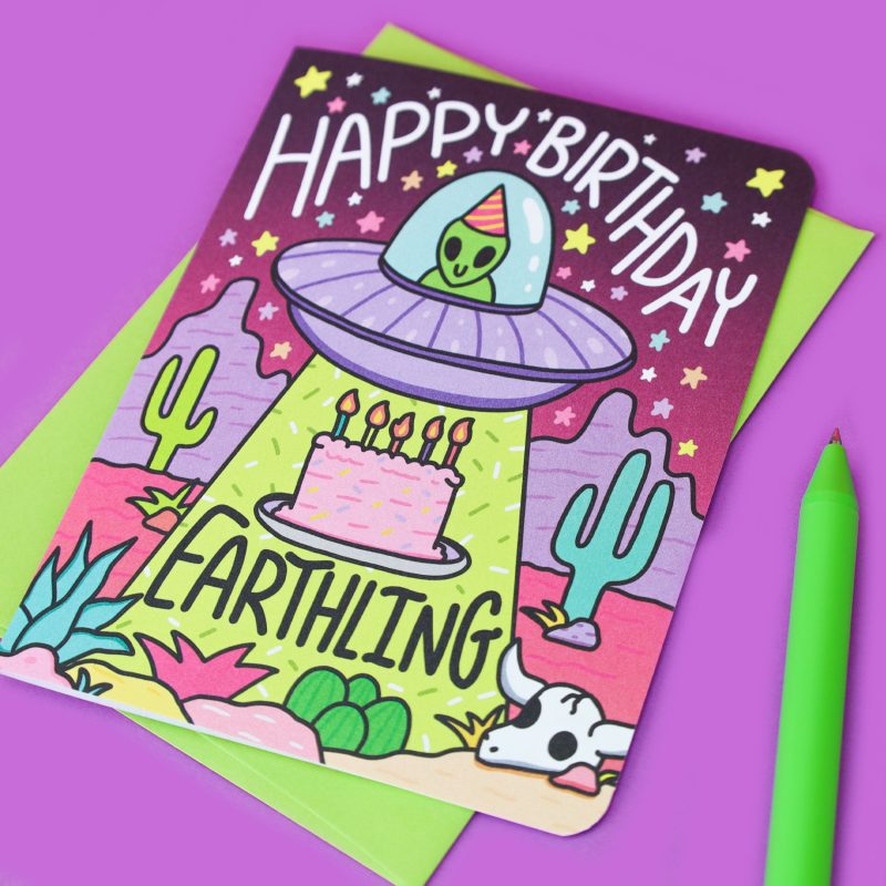 Happy Birthday Earthling Alien Abduction UFO Birthday Card Desert Southwestern Cactus Extraterrestrial Turtles Soup Bday Card Funny