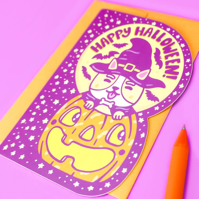 Happy Halloween Puppy Card Corgi Dog Halloween Pumpkin Witch Witchy Cute Thinking of You Card By Turtles Soup Purple Orange