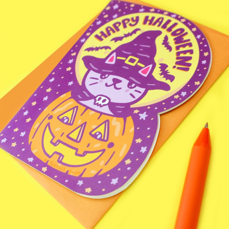 Happy Halloween Witch Kitty Cat Halloween Card Pumpkin Cat Cute Gift by Turtles Soup Cute