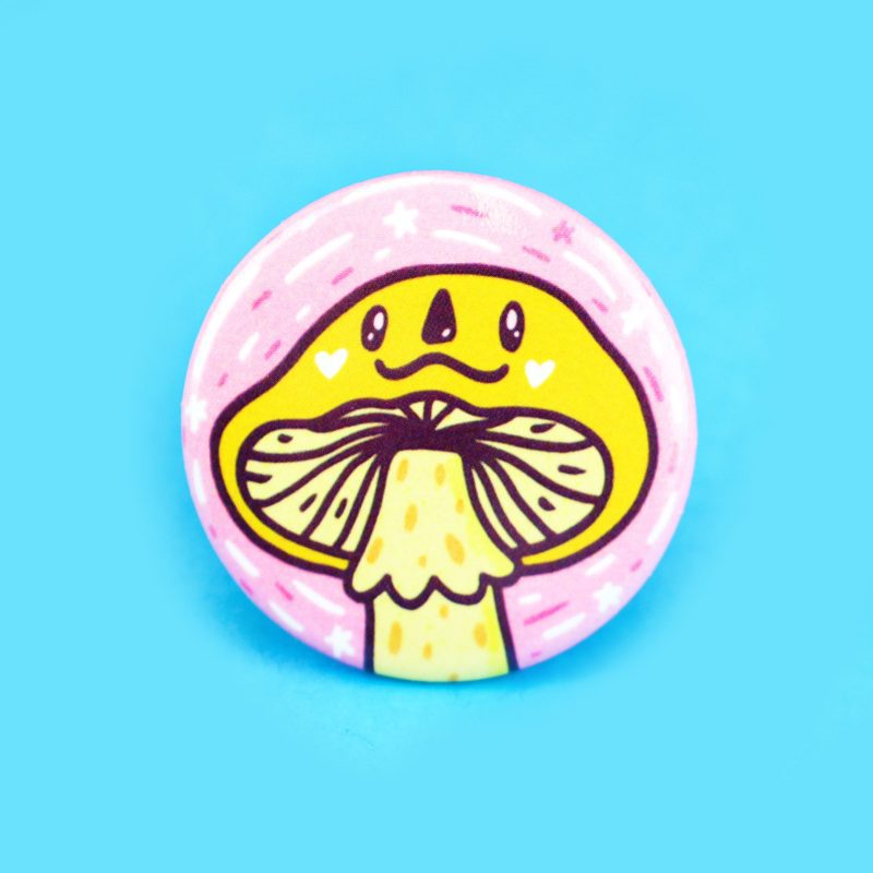 Happy Mushroom Forest Smiling Cute Pinback Button Turtles Soup