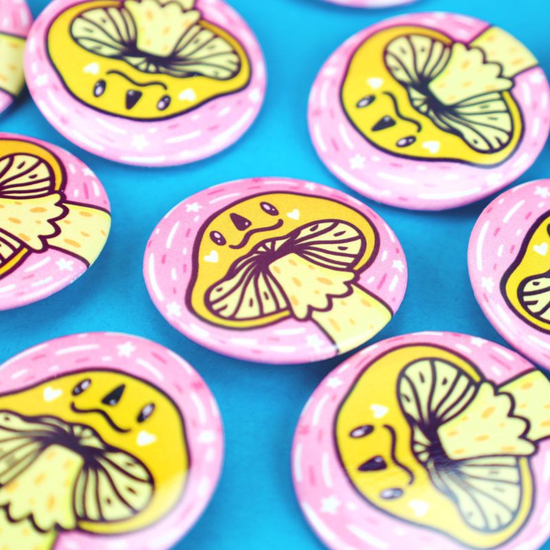 Happy Mushroom Forest Smiling Cute Pinback Button Turtles Soup Brooch Yellow Pink