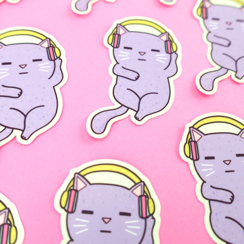 Headphone Kitty Music Vibes Sticker Decal for Laptop Adorable Kitty By Turtles Soup Purple