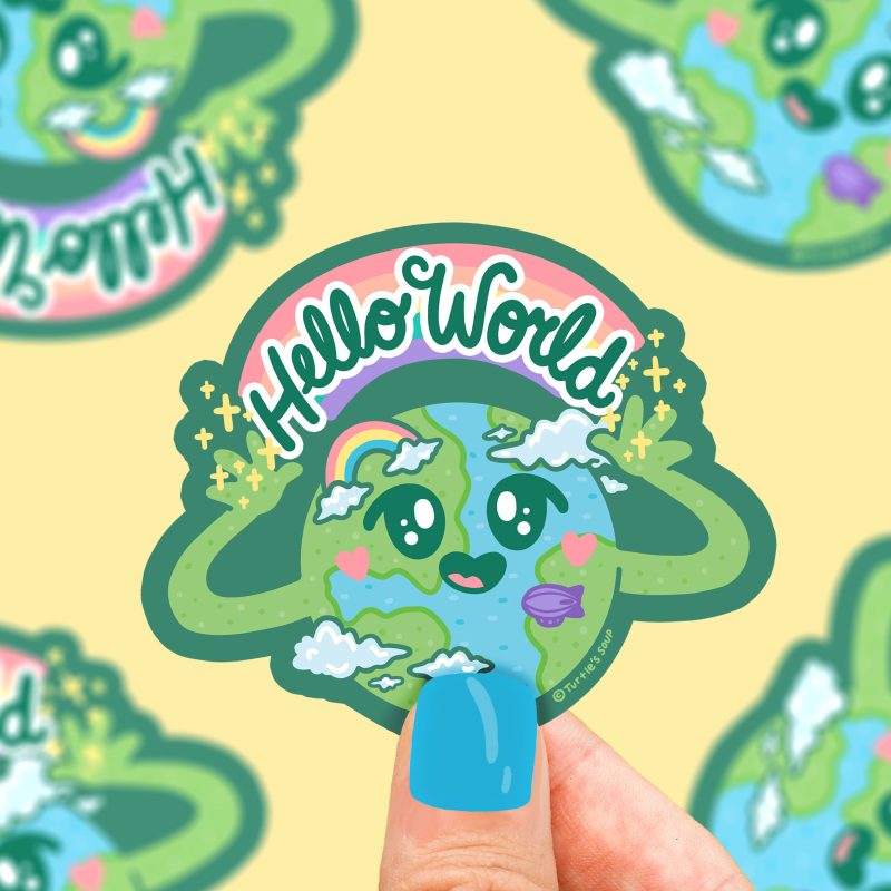 Hello World Cute Globe Sticker Adorable Decal Earth Planet Sticker for Water Bottle Laptop Phone Journal Sticker