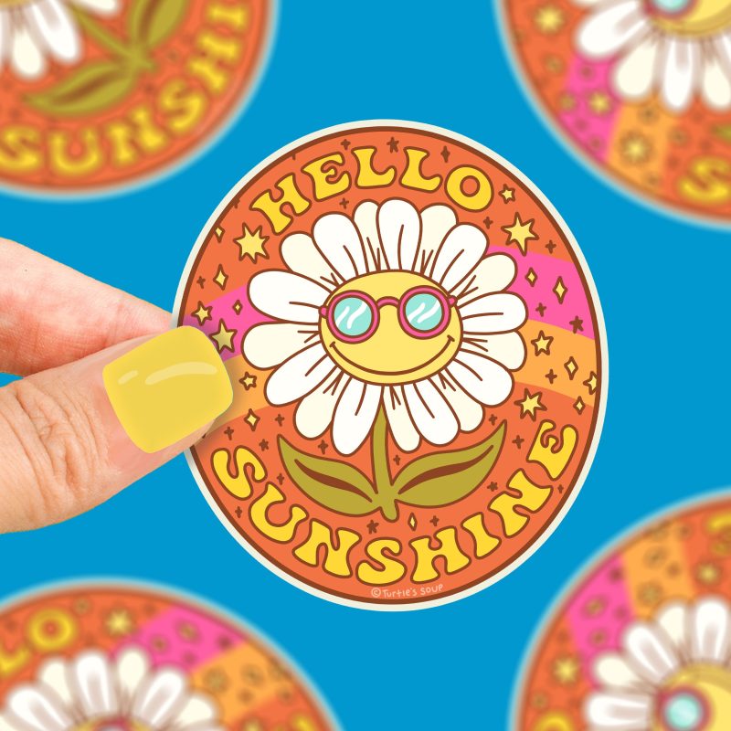 Hello sunshine cute flower daisy sticker adorable garden gardener decal for water bottle laptop phone watering can car window sticker by turtles soup turtlessoup