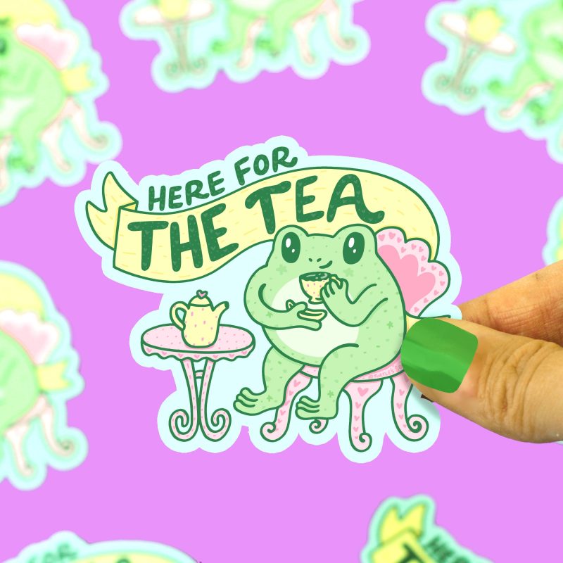 Herre for the tea Cute Frog Drinking Tea Sticker Adorable Froggy Art Cute Animal Decal Vinyl Sticker for Water Bottle Laptop by Turtles Soup Gossip