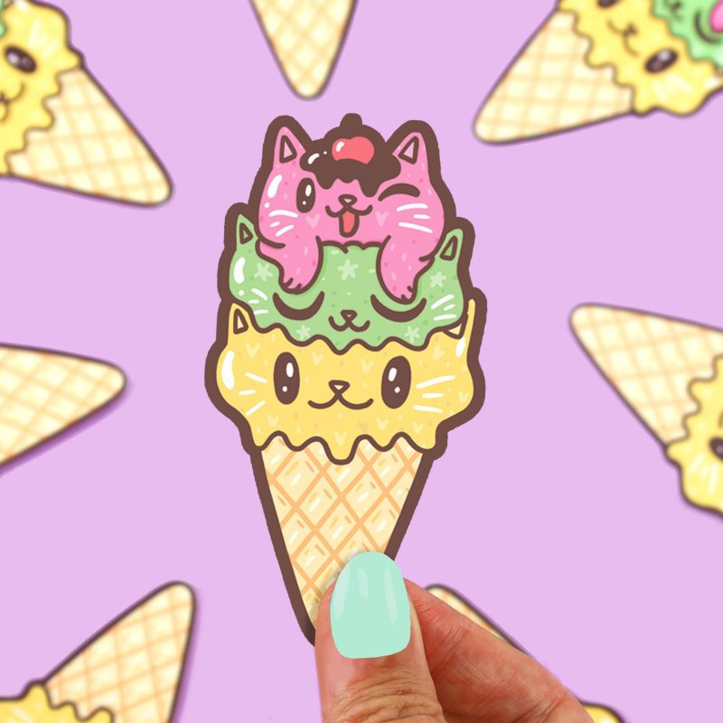 Ice Cream Cone Cat Vinyl Sticker Kitty Dessert Dairy Cat Adorable Cat Shaped Ice Cream Scoops Strawberry Vanilla Chocolate Meowgical by Turtles Soup