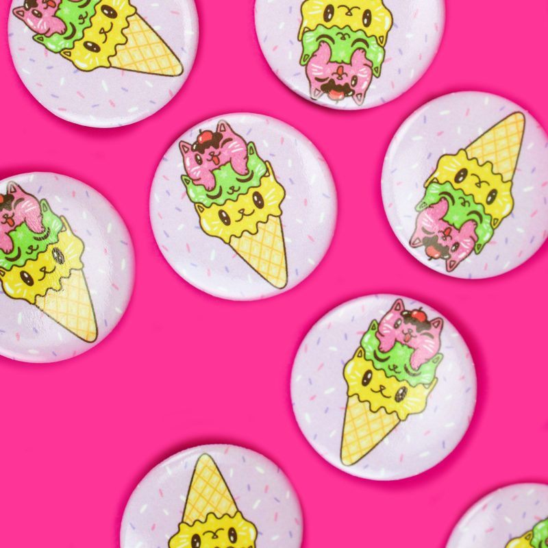 Ice Cream Cone Kitty Cat Pinback Button Cute Dessert Sweet