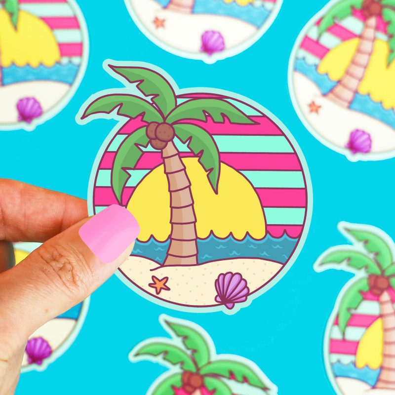 Island Palm Tree Tropical Beach Vinyl Sticker Turtles Soup Vaporwave Cute Water Bottle Sticker for Cooler