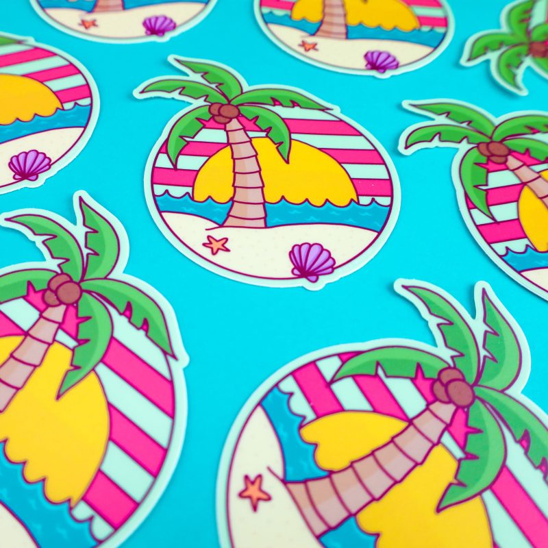 Island Palm Tree Tropical Beach Vinyl Sticker Turtles Soup Vaporwave Cute Water Bottle Sticker for Cooler Cool Decal for Car