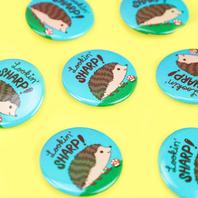 Lookin Sharp Hedgehog Cute Pinback Button Woodland Animal Turtles Soup Forest Book Bag Pin Funny Pun Adorable