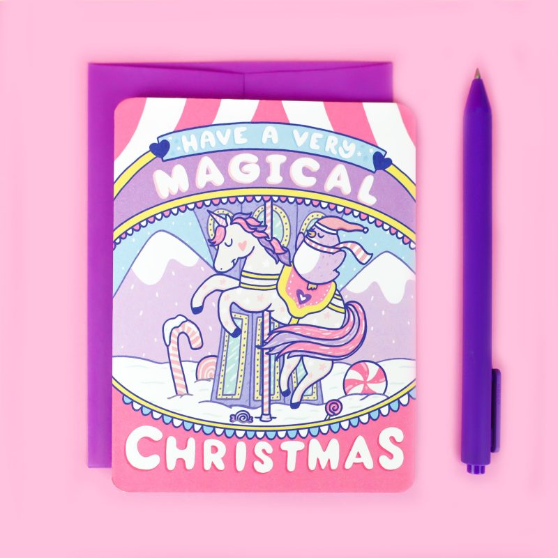 Magical Christmas Card Pastel Unicorn Pink Purple Merry Go Round Winter Wonderland Holiday Carnival Card for Kids Children Turtles Soup