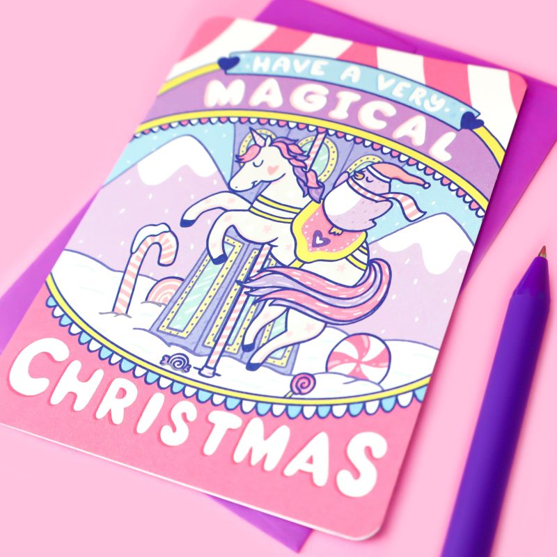 Magical Christmas Card Pastel Unicorn Pink Purple Merry Go Round Winter Wonderland Holiday Carnival Card for Kids Children Turtles Soup Adorable Penguin