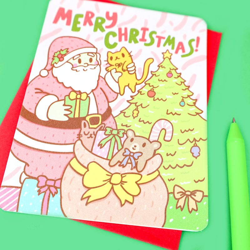 Merry Christmas Jolly Santa Presents Holiday Card By Turtles Soup Happy Holidays Santa Claus Saint Nicholas Kris Kringle Santa Card Cute Gift Red Green