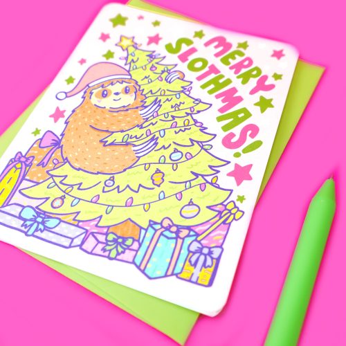 Merry Slothmas Sloth Christmas Holiday Card Adorable Pastel Xmas Card for Kids Children Everyone Funny Holiday Card by Turtles Soup Sloth Animal Cute Pink Green Gifts