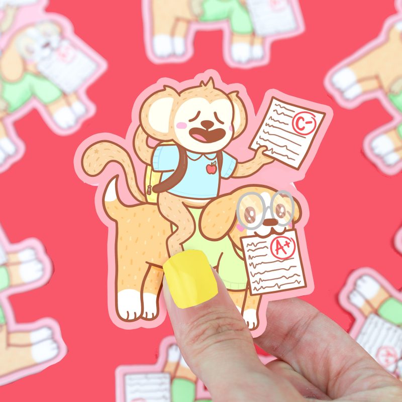 Monkey Puppy Back To School Buddies Sticker for Waterbottle Cute Sticker Art by Turtles Soup