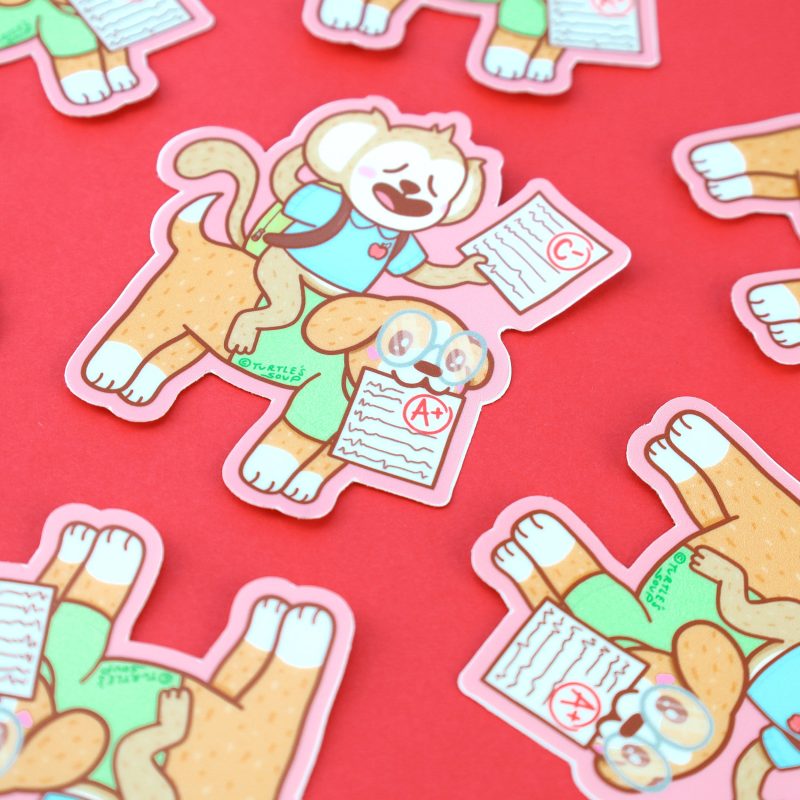 Monkey Puppy Back To School Buddies Sticker for Waterbottle Cute Sticker Art by Turtles Soup Adorbs