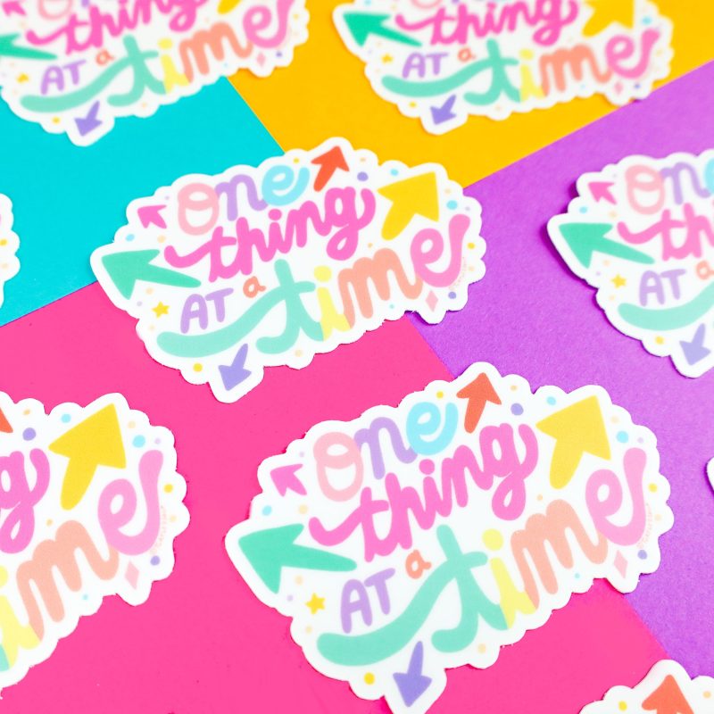 One Thing At a Time Vinyl Sticker Colorful Positivity Turtles Soup Hand Lettered Decal for Water Bottle Laptop Journal Focus Rainbow