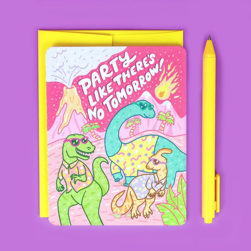 Party Like Theres No Tomorrow Comet Volcano Natural Disaster Funny Birthday Card Dinosaurs Turtles Soup Bday Celebration Graduation