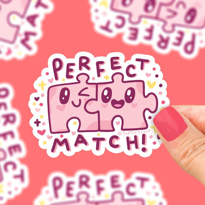 Perfect match puzzle piece sticker puzzle lover best friend gift for puzzler by turtles soup turtlessoup turtle soup sticker art for water bottle laptop phone journal scrapbook planne