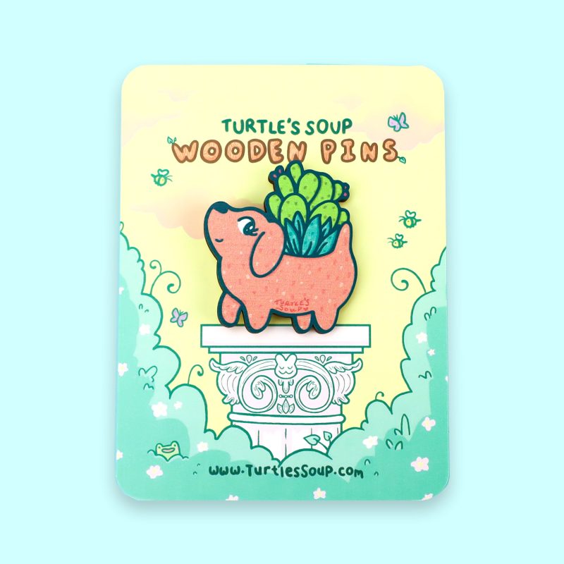 Planter Puppy Garden Wooden Pin by Turtles Soup Cute Cactus