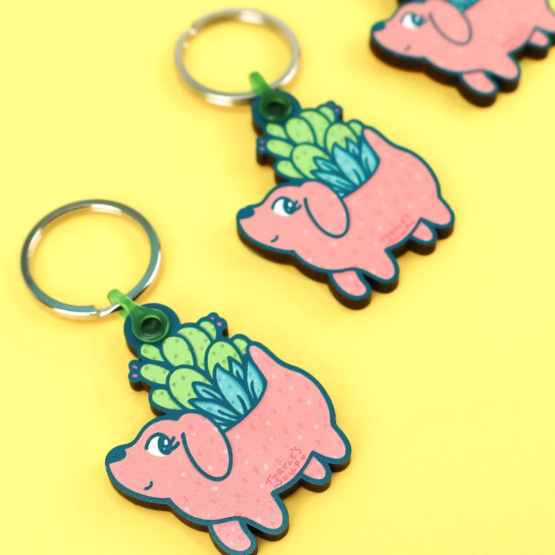 Planter Puppy Wooden Keychain by Turtles Soup Cactus Cacti Plants Cute